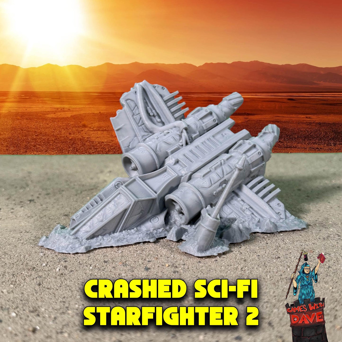 a plastic model of a starfighter ship in the desert