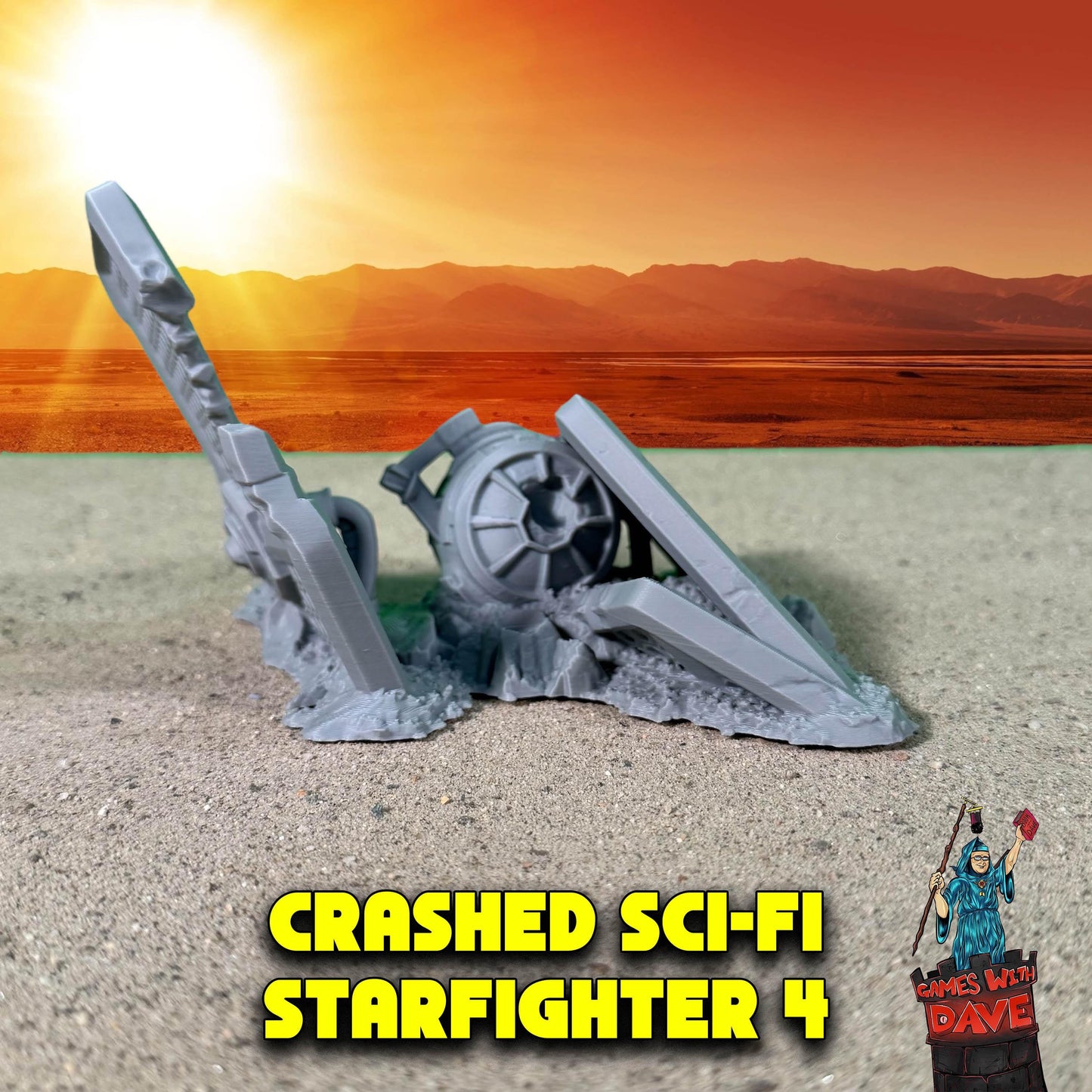 a plastic model of a starfighter ship in the sand