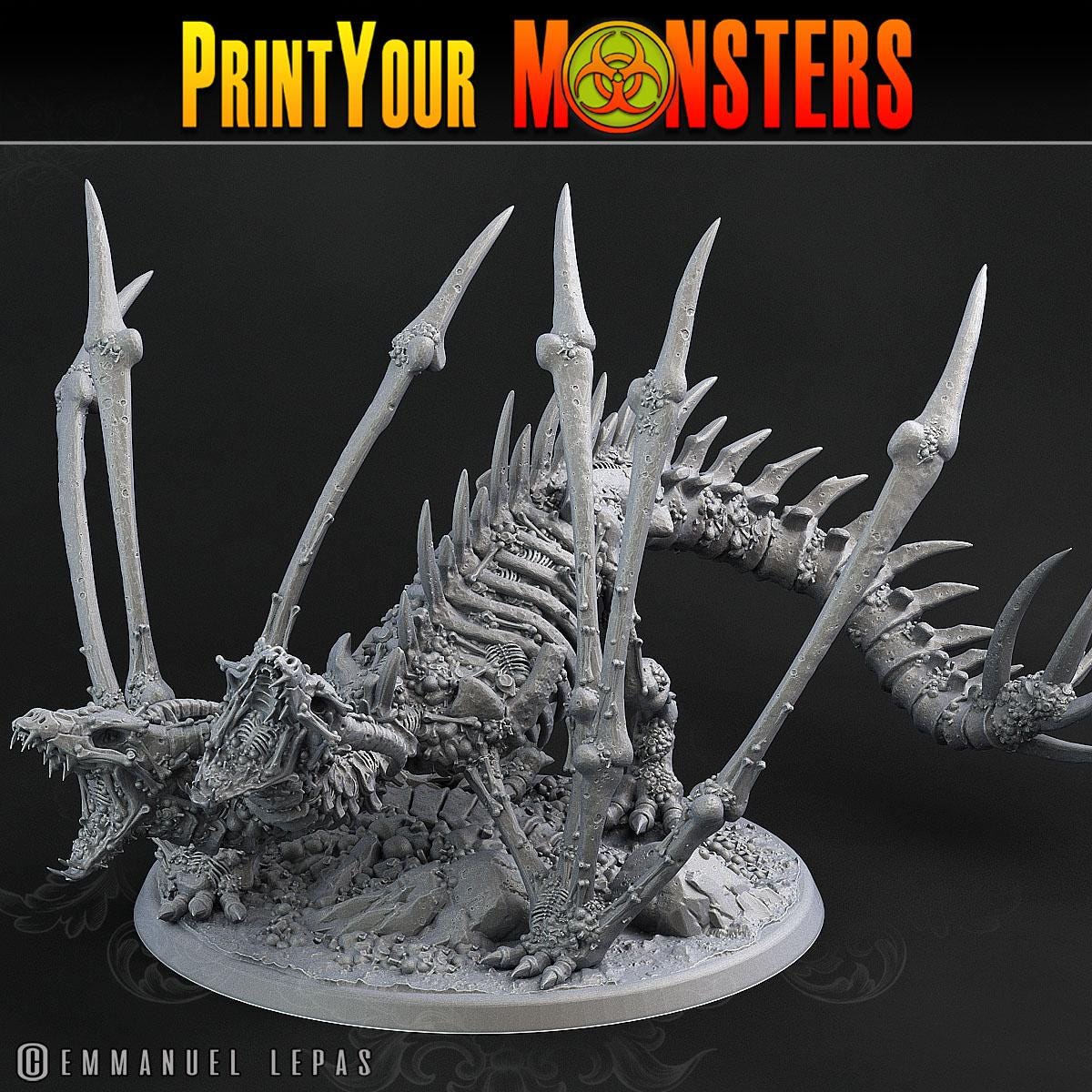 Scarlax the Screaming Bone Dragon - 2-Headed Skeletal Dragon for Your Tabletop RPG - Unpainted Miniature