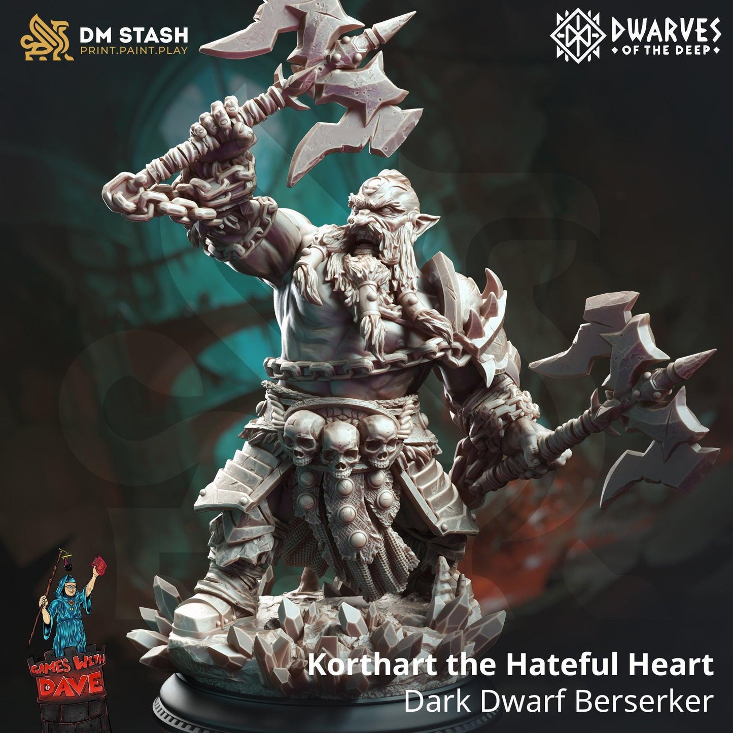 Korthart the Hateful Heart, Dark Dwarf Berserker - 75mm or 32mm Miniature for Dungeons and Dragons, Shadowdark and other RPG's - Unpainted