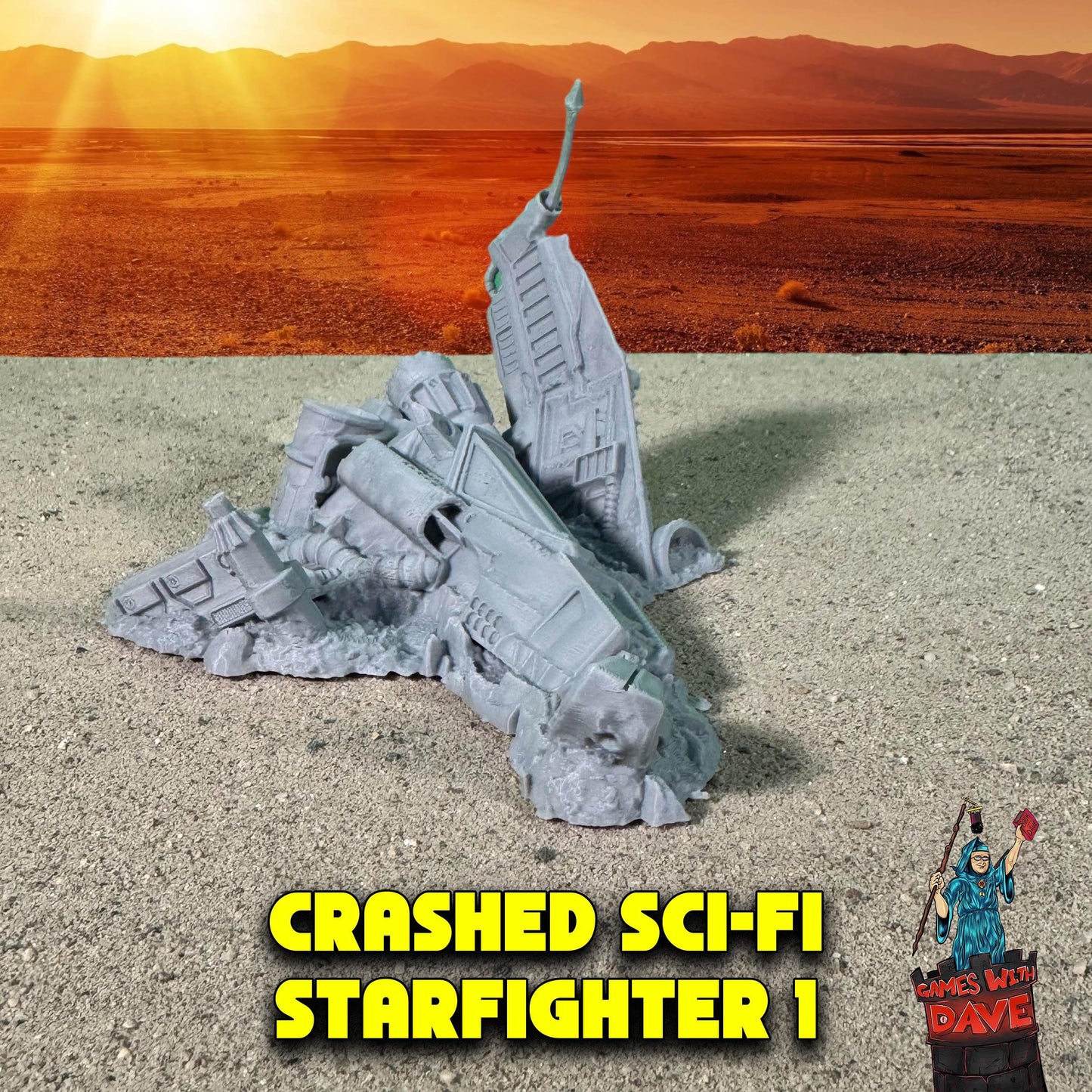 a model of a fighter jet in the middle of a desert