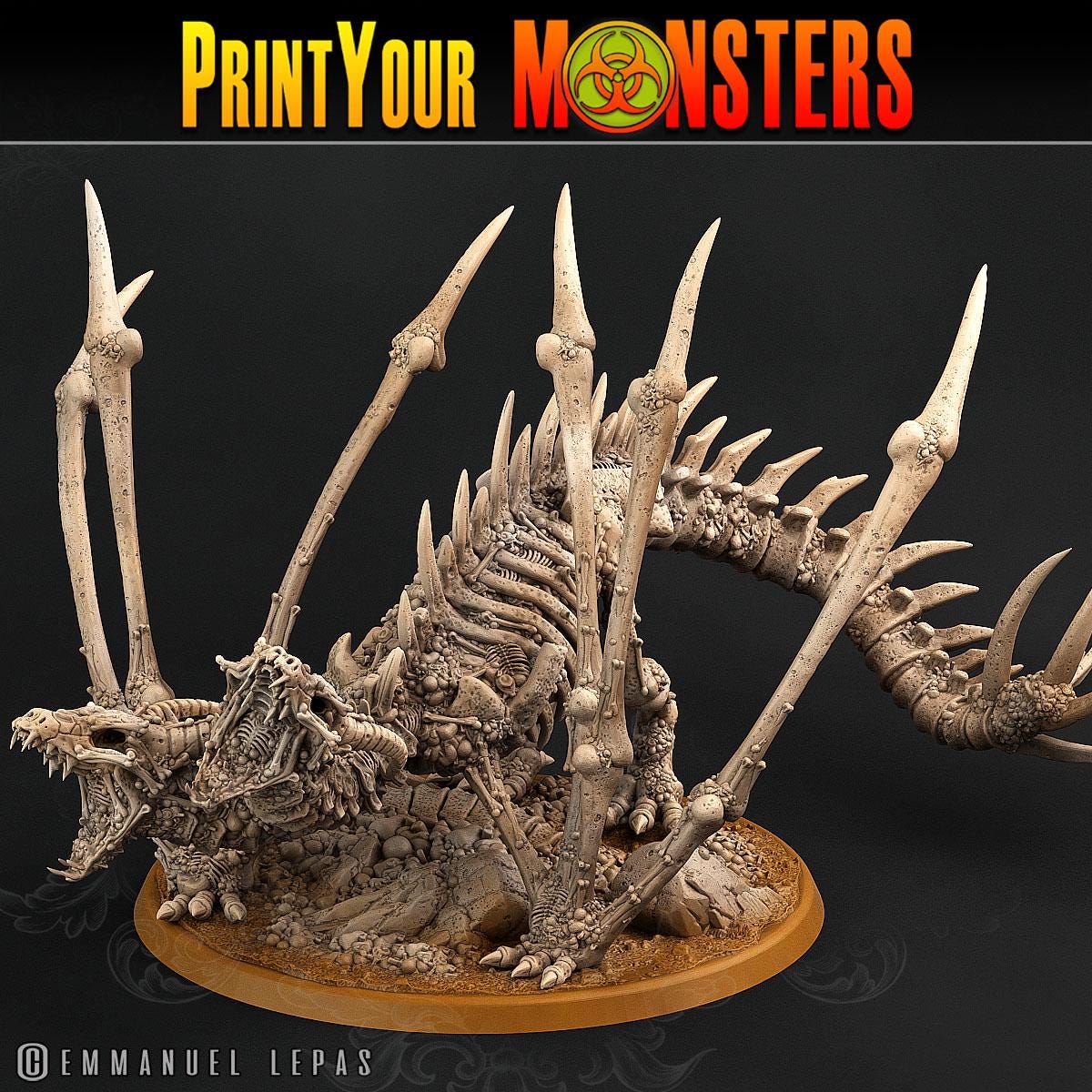 Scarlax the Screaming Bone Dragon - 2-Headed Skeletal Dragon for Your Tabletop RPG - Unpainted Miniature
