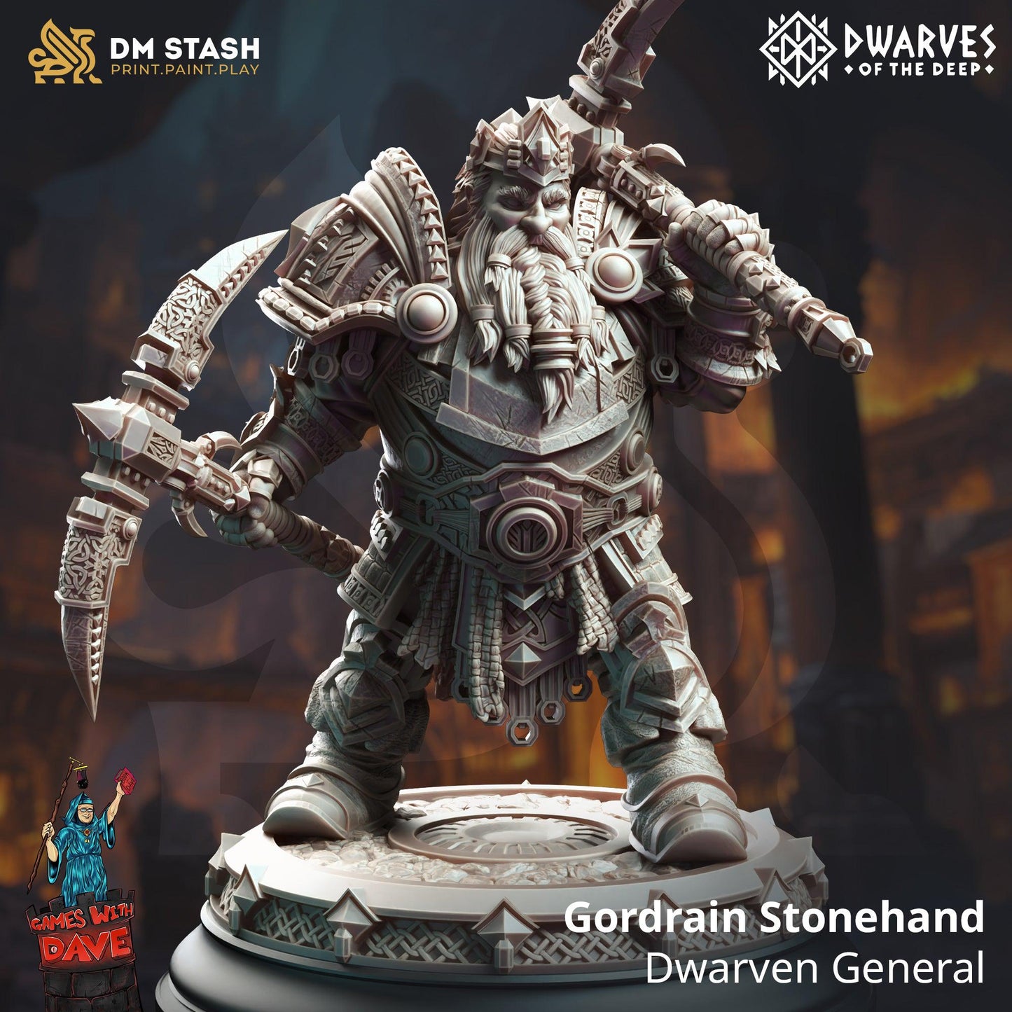 Gordrain Stonehand, Dwarven General - 32mm & 75mm Miniature for Dungeons and Dragons, Shadowdark and other RPG's - Unpainted