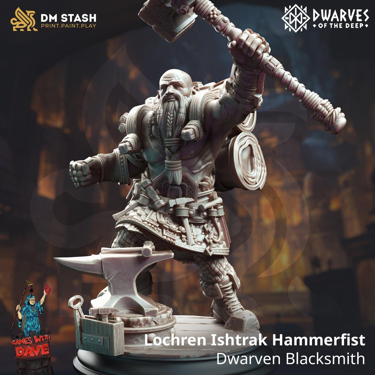 Lochren Ishtrak Hammerfist, Dwarven Blacksmith - 32mm & 75mm Miniature for Dungeons and Dragons, Shadowdark and other RPG's - Unpainted