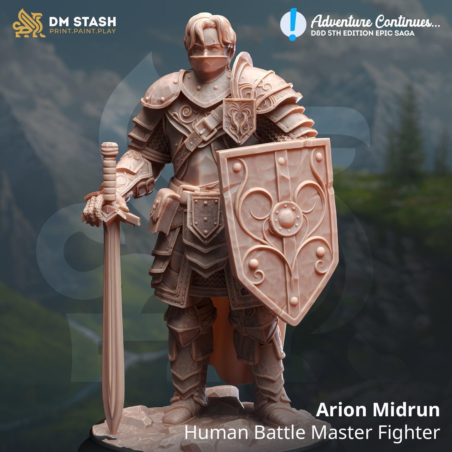 Arion Midrun - Maître de bataille humain - Figurine 32 mm et 75 mm pour Donjons et Dragons 5e édition et autres jeux de rôle - Non peinte