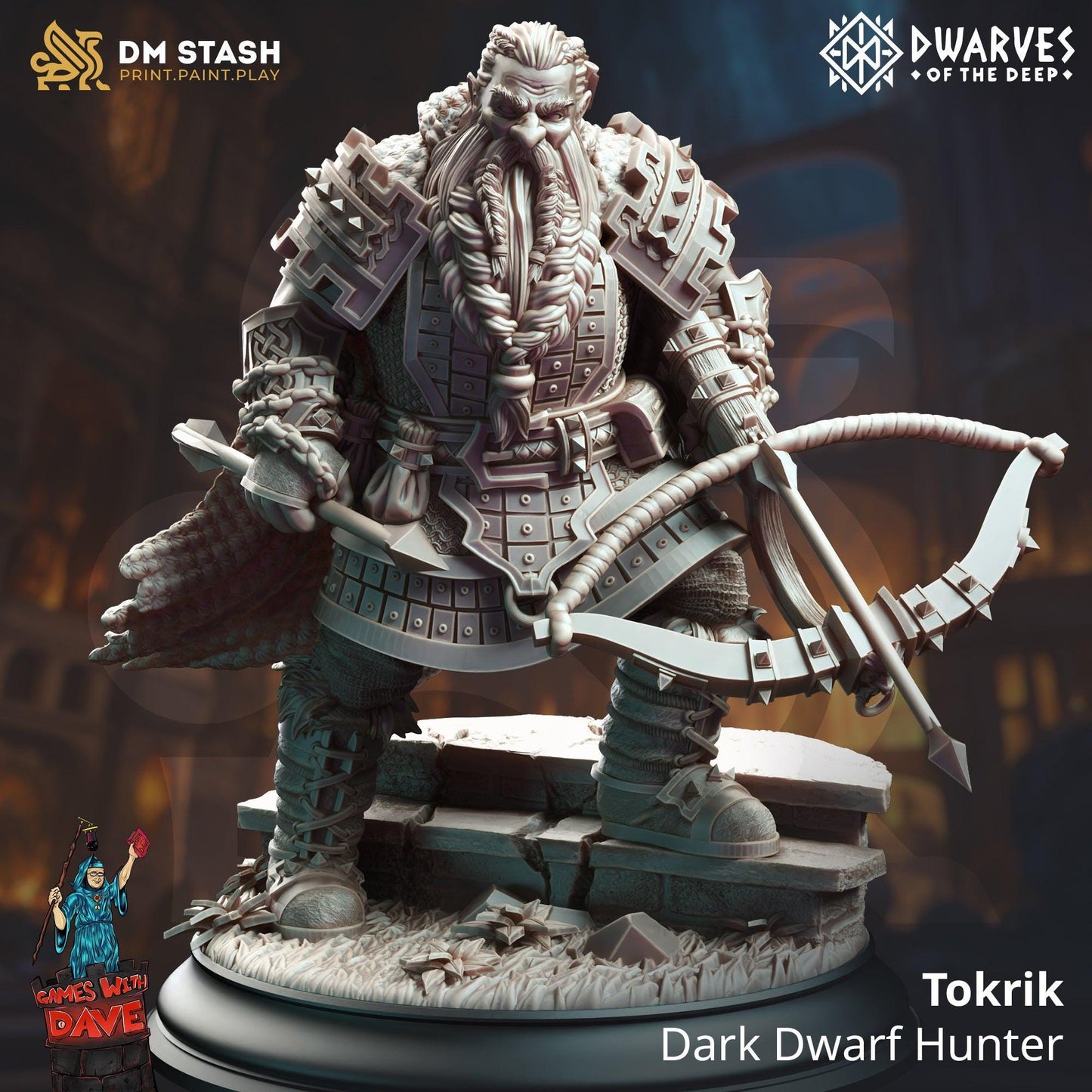 Tokrik, the Dark Dwarf Hunter - 32mm & 75mm Miniature for Dungeons and Dragons, Shadowdark and other RPG's - Unpainted
