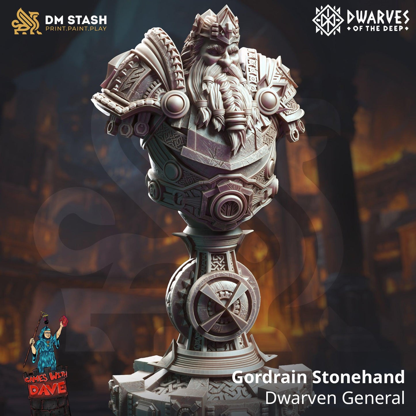 Gordrain Stonehand, Dwarven General - Bust - Designed by DM Stash - Unpainted