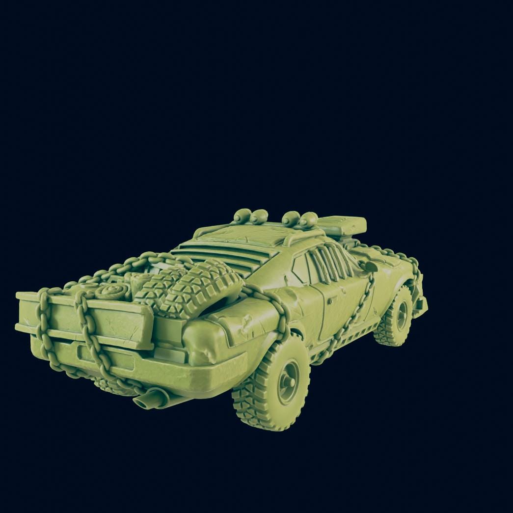Miniature de voiture post-apocalyptique Wasteland Marauder - Conçue par EC3D - Terrain RPG de 28 mm à 32 mm