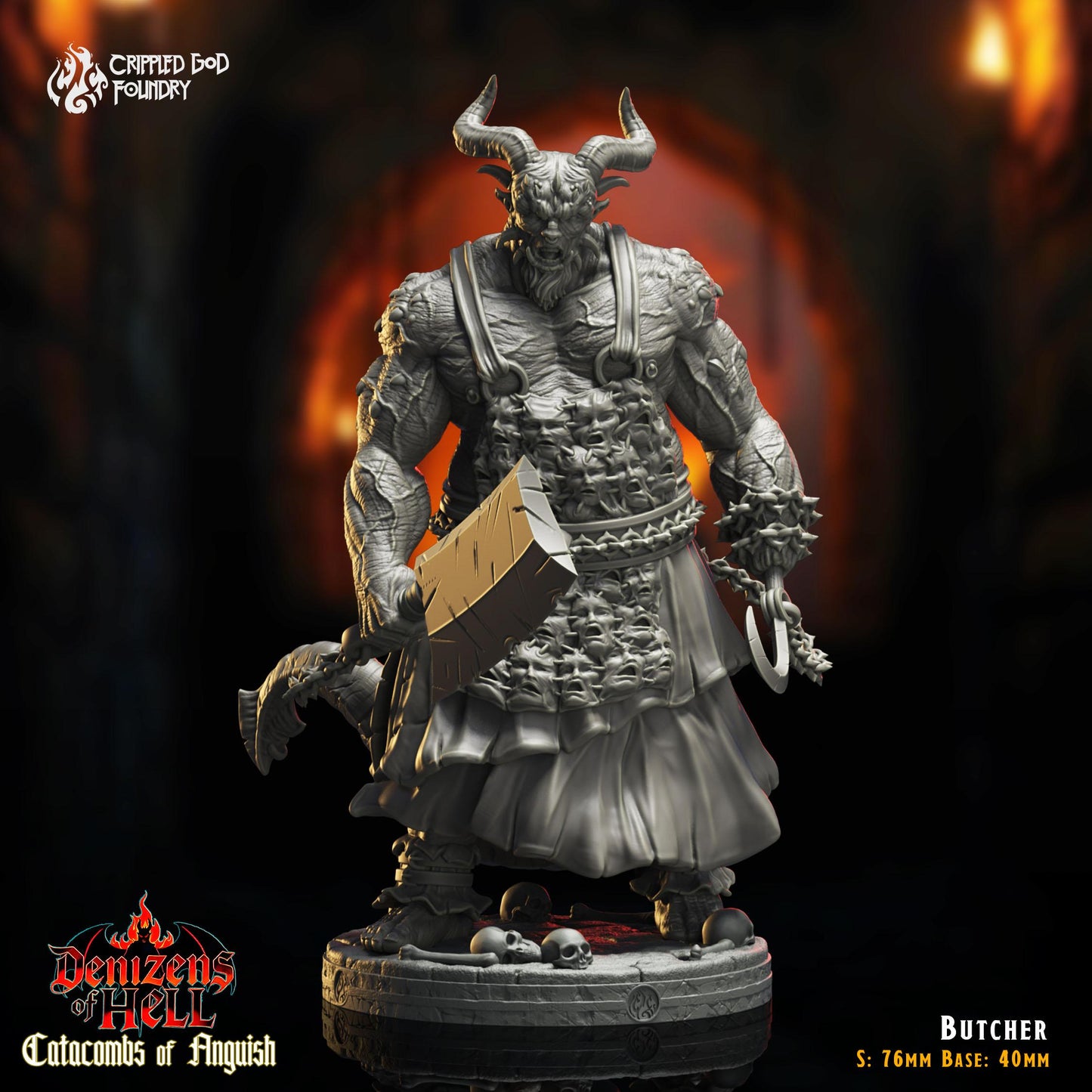 The Butcher - 76mm Tall Miniature on a 40mm Base - 5E Demon Mini from Catacombs of Anguish - Designed by Crippled God Foundry - Unpainted