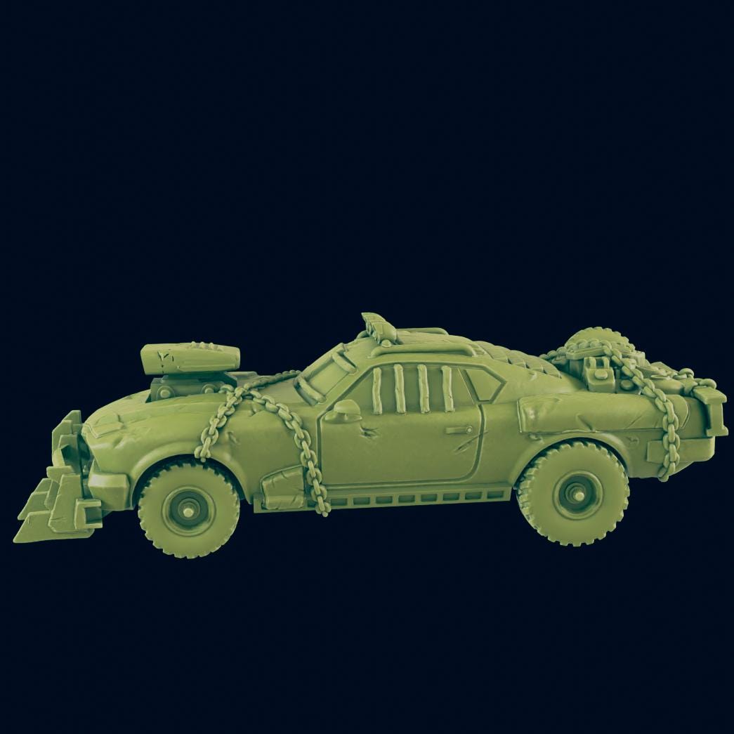Miniature de voiture post-apocalyptique Wasteland Marauder - Conçue par EC3D - Terrain RPG de 28 mm à 32 mm