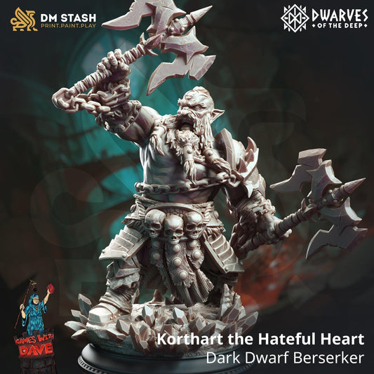 Korthart el Odioso Corazón, Enano Oscuro Berserker - Miniatura de 75 mm o 32 mm para Dungeons and Dragons, Shadowdark y otros juegos de rol - Sin pintar