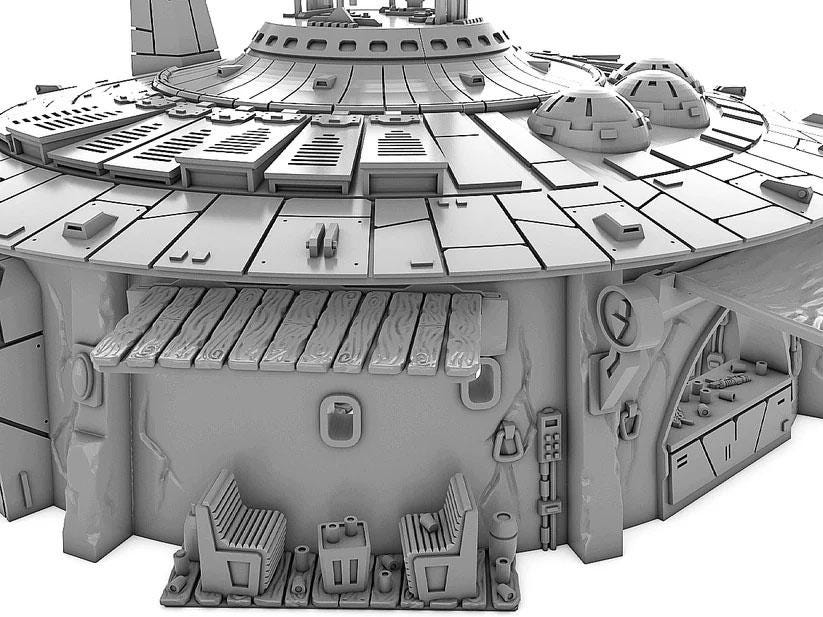 a model of a space station with a clock on the top of it